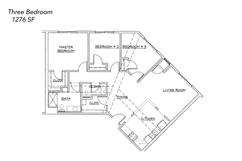 Floor plan for 3 beds, 1 bath, 1276 sqft